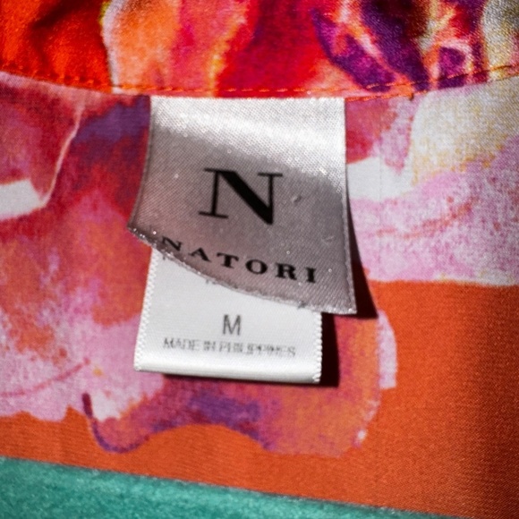 EUC Natori Short Dolman Sleeve Floral Rose Pajama Top Button Front Size Medium - Picture 2 of 7